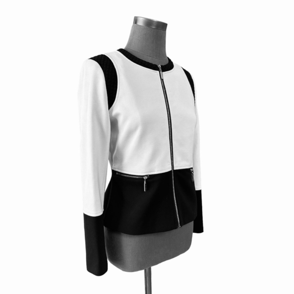 Women Blazer IVANKA TRUMP Black White Colorblock Zip Front Long Sleeve Cardigan - Picture 4 of 7